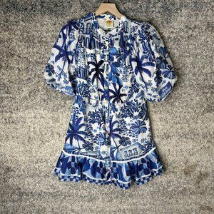 Farm Rio Dress Womens Medium Blue White Puff Sleeve Button Front Ruffle Tropical